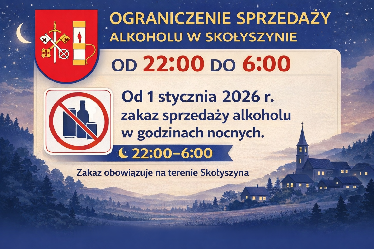 Informacja o&nbsp;wprowadzeniu prohibicji w&nbsp;Skołyszynie, widać herb i&nbsp;nocny motyw.