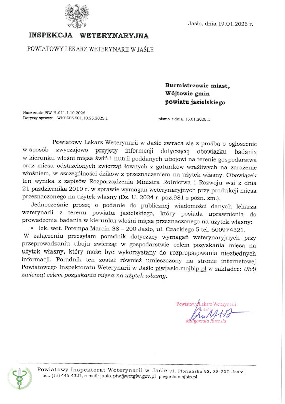 Pismo przewodnie Inspektora Weterynarii w&nbsp;Jaśle