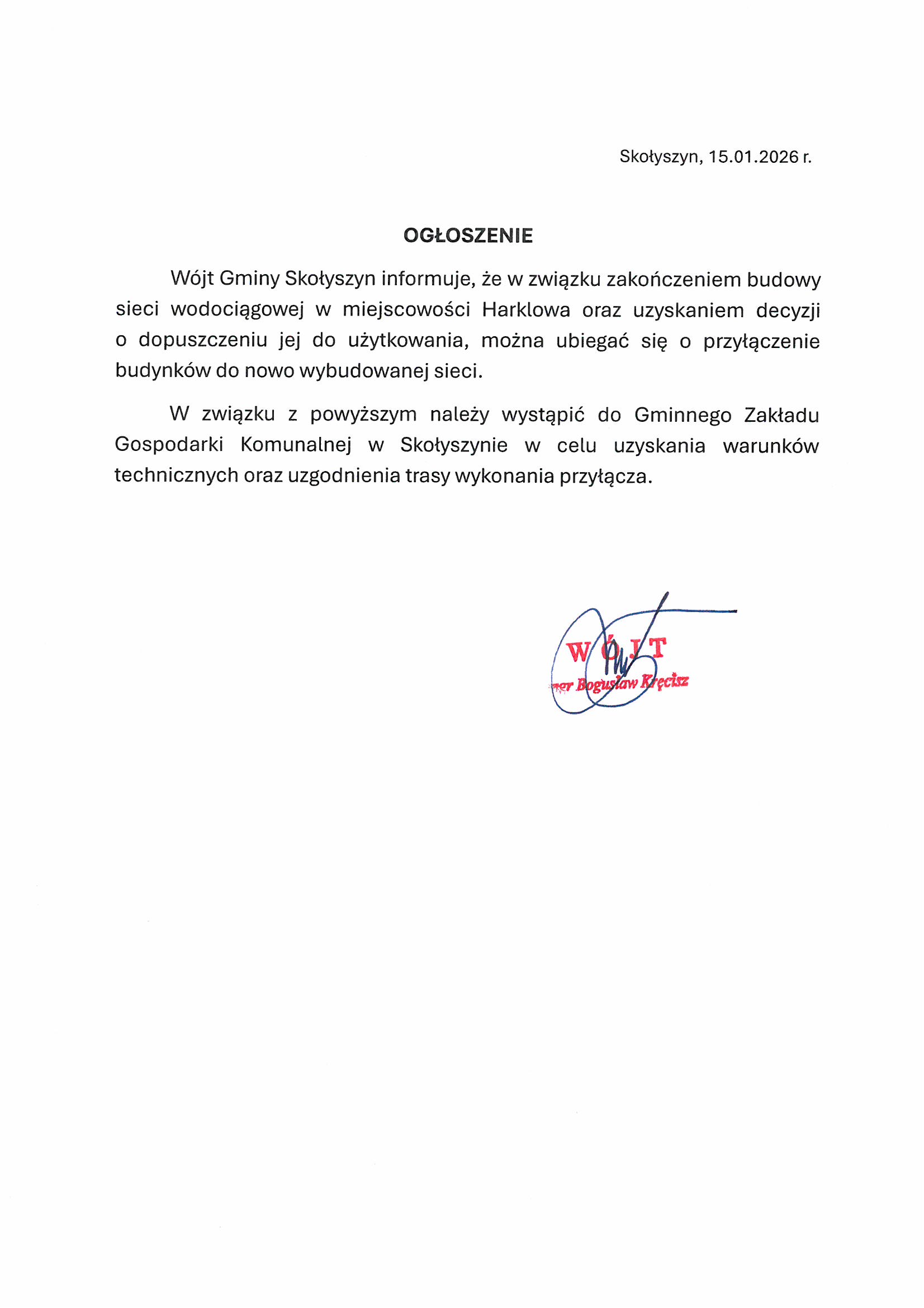 Ogłoszenie W&oacute;jta o&nbsp;przyłączach do sieci wodociągowej