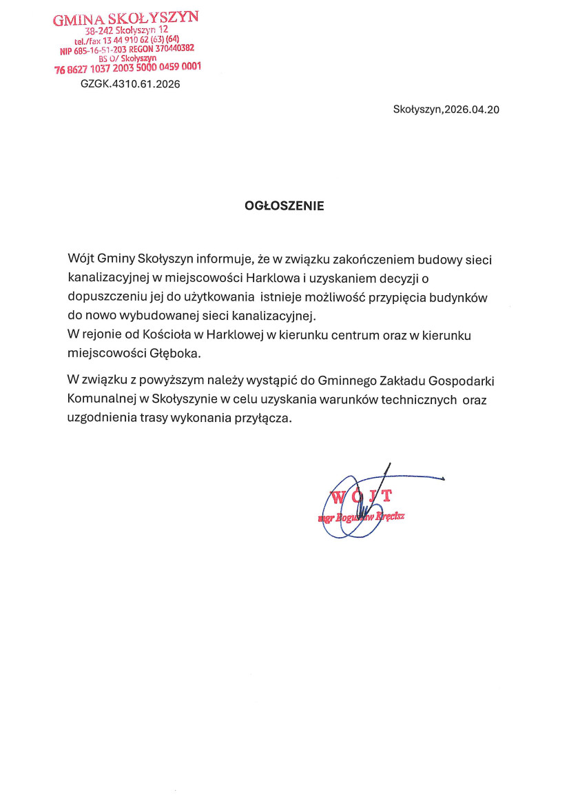 Ogłoszenie W&oacute;jta o&nbsp;możliwości przyłączu do sieci kanalizacyjnej