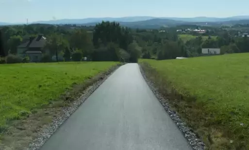 Zdjęcie drogi asfaltowej pomiędzy łąkami, w oddali widać zabudowania.